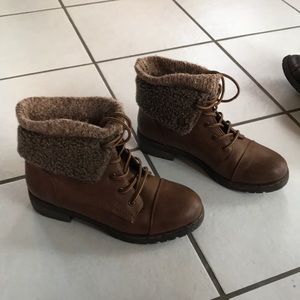 brown booties with soft, fuzzy lining